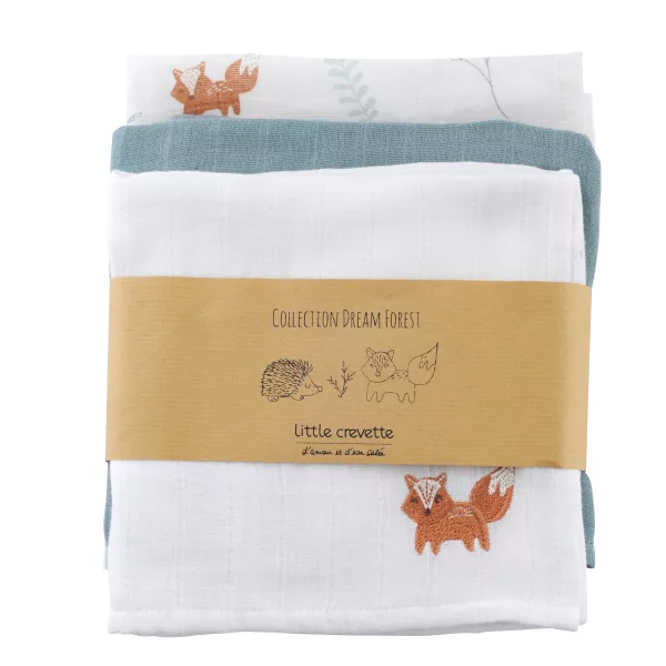 lot de 3 langes bébé mixte garçon fille blanc motif animaux de la foret et feuillages en coton bio oekotex