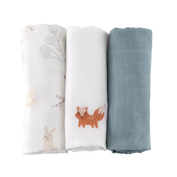 lot de 3 langes bébé mixte garçon fille blanc motif animaux de la foret et feuillages en coton bio oekotex