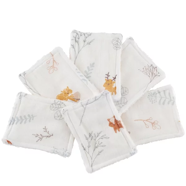 lingettes bébé en tissu lavables et réutilisables gaze de coton et éponge écru motif renard coton bio et oekotex