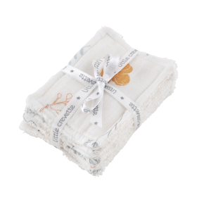 lingettes bébé en tissu lavables et réutilisables gaze de coton et éponge écru motif renard coton bio et oekotex