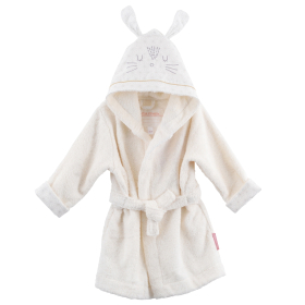 Peignoir à capuche enfant mixte fille garçon blanc écru broderie lapin et oreilles de lapin sur la capuche en coton bio oekotex