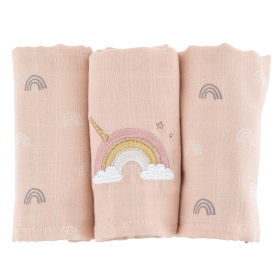 lot de 3 langes bébé fille rose motif arc-en-ciel licorne en coton bio oekotex