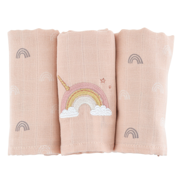 lot de 3 langes bébé fille rose motif arc-en-ciel licorne en coton bio oekotex