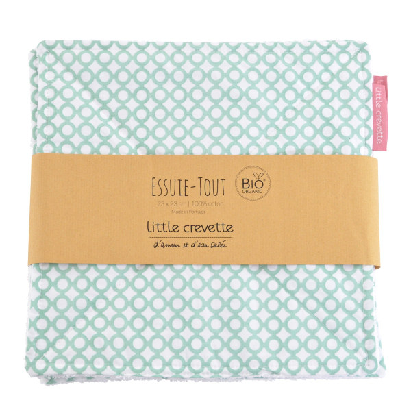 Essuie-tout en tissu lavable et réutilisable doublé éponge motif pois verts en coton bio