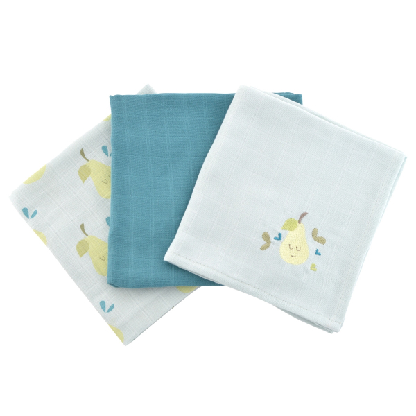 lot de 3 langes bébé mixte garçon fille vert et bleu motif poires joyeuses en coton bio oekotex