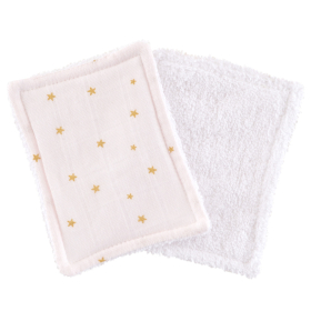 lingettes bébé en tissu lavables et réutilisables gaze de coton et éponge rose pâle motif étoile dorées coton bio et oekotex
