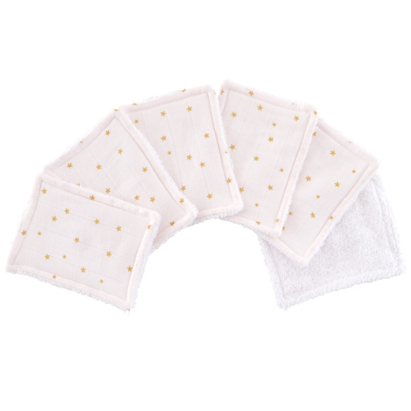 lingettes bébé en tissu lavables et réutilisables gaze de coton et éponge rose pâle motif étoile dorées coton bio et oekotex