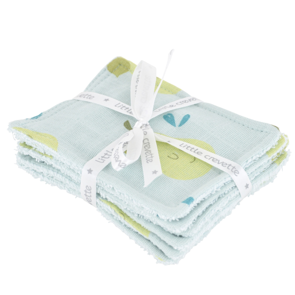lingettes bébé en tissu lavables et réutilisables gaze de coton et éponge bleu turquoise motif poire coton bio et oekotex