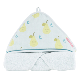 Cape de bain bébé mixte garçon fille bleu et vert motif poire coton bio oekotex