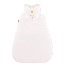 Gigoteuse fille rose pâle motif cygne princesse avec broderie dorée couronne, étoiles à l'intérieur, coton bio et oekotex