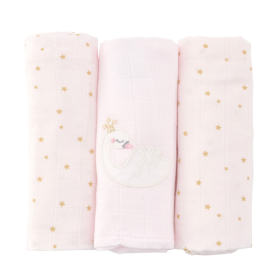 Lot de 3 langes bébé fille rose pâle étoiles dorés broderie cygne couronne en coton bio oekotex