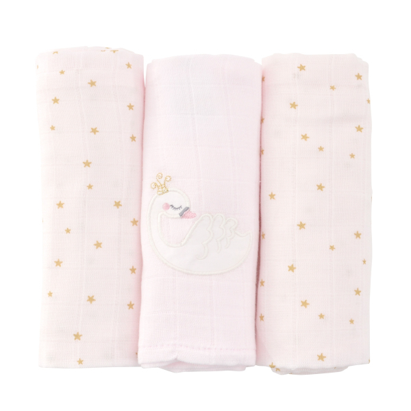 Lot de 3 langes bébé fille rose pâle étoiles dorés broderie cygne couronne en coton bio oekotex