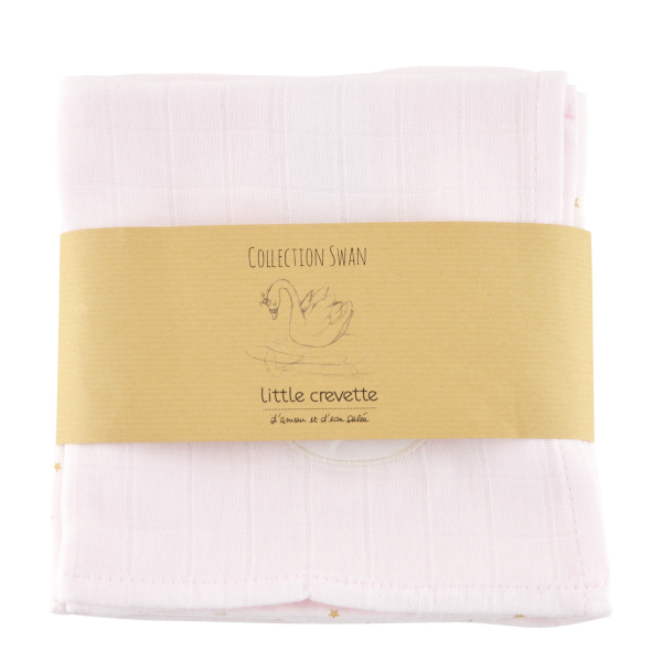 Lot de 3 langes bébé fille rose pâle étoiles dorés broderie cygne couronne en coton bio oekotex