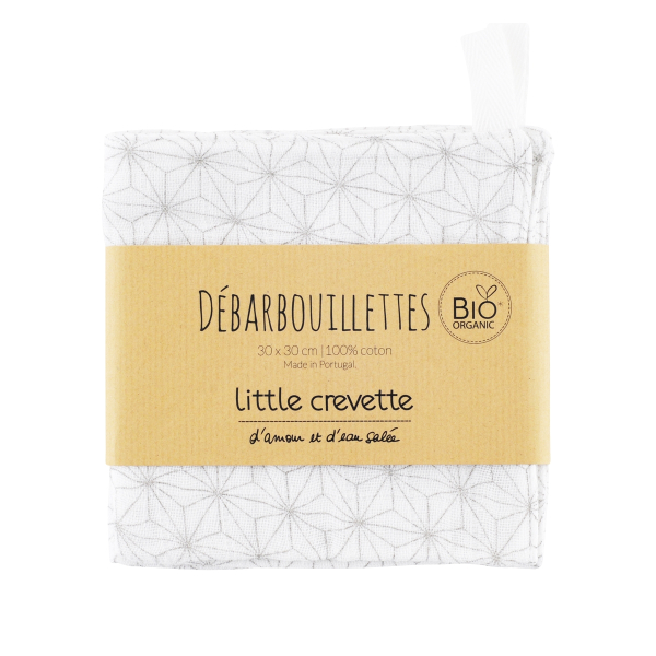 Débarbouillettes en gaze de coton bio lavable et réutilisable écru motif étoiles taupes
