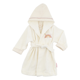 Peignoir à capuche enfant fille écru broderie arc-en-ciel rose en coton bio oekotex