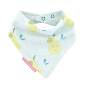 Bavoir bandana bébé bleu motif poires joyeuses vert fermeture pressions en coton bio oekotex