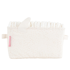 Bac à couches en tissu écru motif étoiles, planètes et fusée avec petites ailes en relief, coton bio