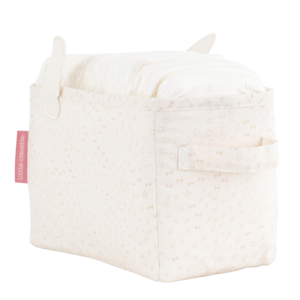 Bac à couches en tissu écru motif étoiles, planètes et fusée avec petites ailes en relief, coton bio