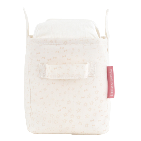 Bac à couches en tissu écru motif étoiles, planètes et fusée avec petites ailes en relief, coton bio