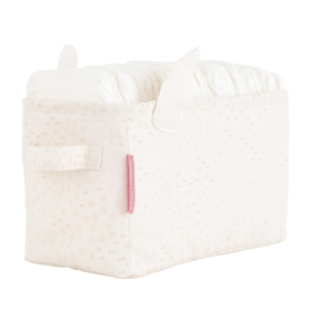 Bac rangement à couches en tissu écru motif étoiles, planètes et fusée avec petites ailes en relief, coton bio