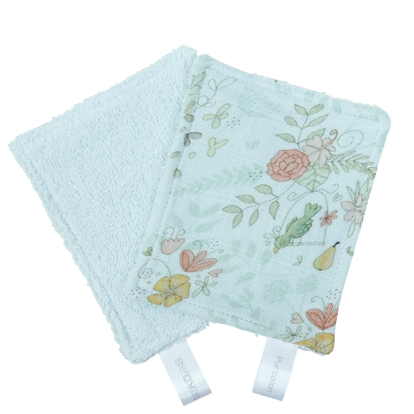 lingettes bébé en tissu lavable et réutilisable turquoise gaze de coton et éponge motif fleurs et fruits coton bio et oekotex