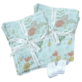 lingettes bébé en tissu lavable et réutilisable turquoise gaze de coton et éponge motif fleurs et fruits coton bio et oekotex