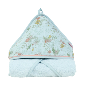 cape de bain fille bleu motif fleurs oiseaux en coton bio oekotex