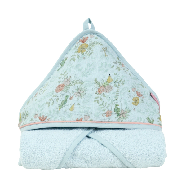 cape de bain fille bleu motif fleurs oiseaux en coton bio oekotex