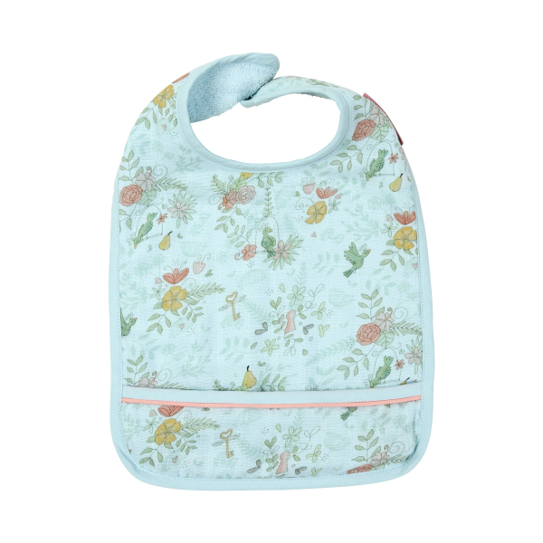 Bavoir fille bleu motif fleurs oiseaux en coton bio oekotex
