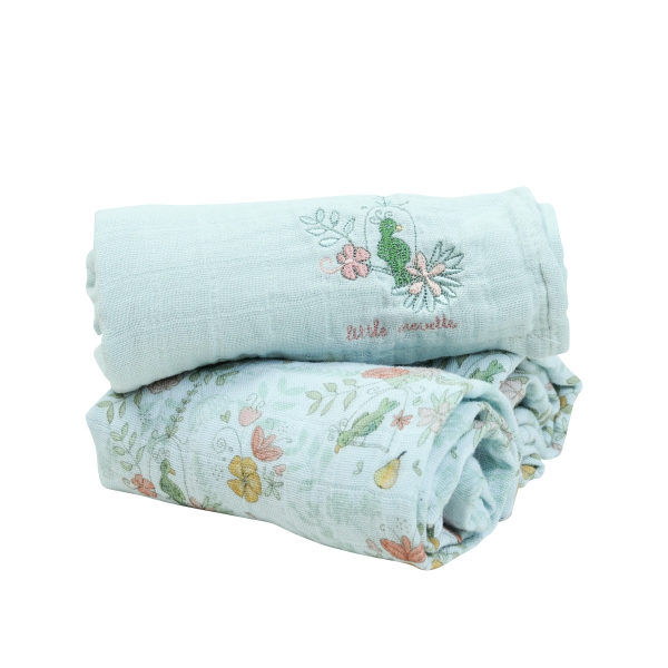 lot de 3 langes bébé mixte fille garçon bleu motif fleur oiseaux en coton bio oekotex