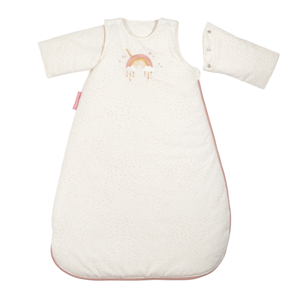 gigoteuse hiver fille rose pâle motif arc-en-ciel licorne manches amovibles tog 2,5 en coton bio oekoetex