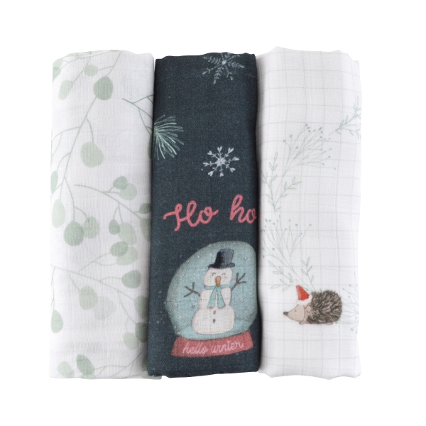 lot de langes bébé en coton bio thème hiver et Noël - à utiliser en furoshiki