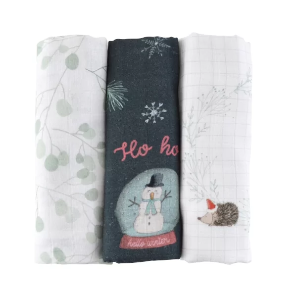 lot de langes bébé en coton bio thème hiver et Noël - à utiliser en furoshiki