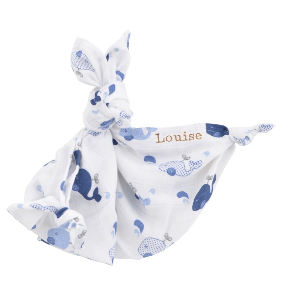 doudou lange personnalisable broderie prenom motif baleine coton bio oekotex