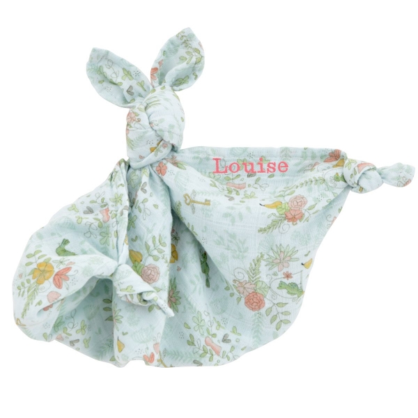 doudou lange lapin bleu motif fleur personnalisable prénom bébé broderie en coton bio oekotex