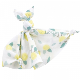 lange plié en doudou lapin personnalisé prénom bébé motif citron en coton bio oekotex