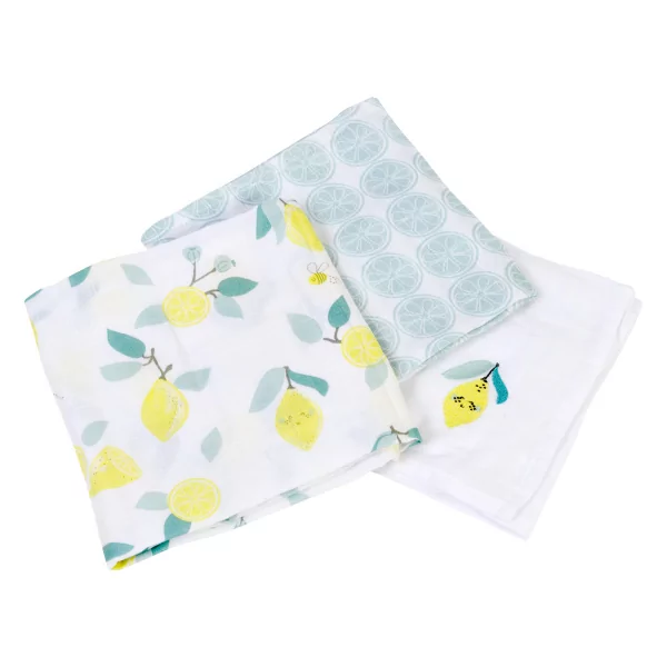 Lot de 3 langes citron jaune bleu et blanc en coton bio et oekotex fabrication portugal