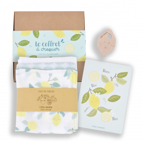 Coffret cadeau bebe citron avec langes, anneau de dentition et carte en coton bio et oekotex fabrique au portugal et en france