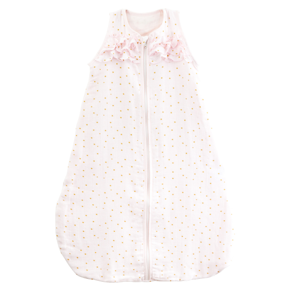 gigoteuse été fille rose gaze de coton bio froufrous et étoiles dorées ouverture devant oeko tex