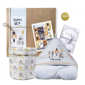 coffret cadeau bebe cape de bain et rangement coton bio oekotex avec carte et journal de babillage