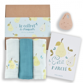 Coffret cadeau bebe poire avec langes, carte et anneau de dentition fabrique en france, coton bio et oekotex