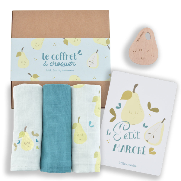 Coffret cadeau bebe poire avec langes, carte et anneau de dentition fabrique en france, coton bio et oekotex