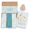 Coffret cadeau bebe poire avec langes, carte et anneau de dentition fabrique en france, coton bio et oekotex