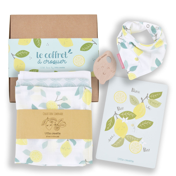 Coffret cadeau bebe mixte citron avec langes, anneau de dentition, bavoir bandana et carte, coton bio et oekotex