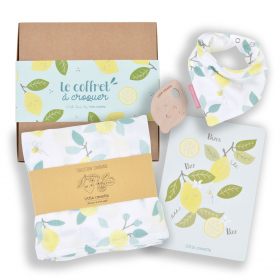 Coffret cadeau bebe fille ou garçon citron avec maxi-lange, anneau de dentition, carte et bavoir bandana en coton bio et oekotex