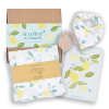 Coffret cadeau bebe fille ou garçon citron avec maxi-lange, anneau de dentition, carte et bavoir bandana en coton bio et oekotex