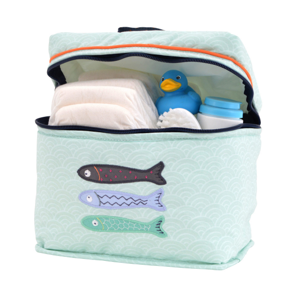 Trousse de toilette enfant fille ou garçon bleu turquoise brodé de poissons intérieur imperméable format vanity en coton bio
