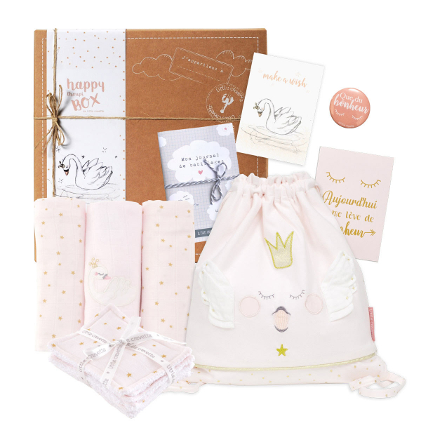 coffret cadeau bebe fille avec sac, langes, lingettes en coton bio et oekotex, journal bebe, carte et badge