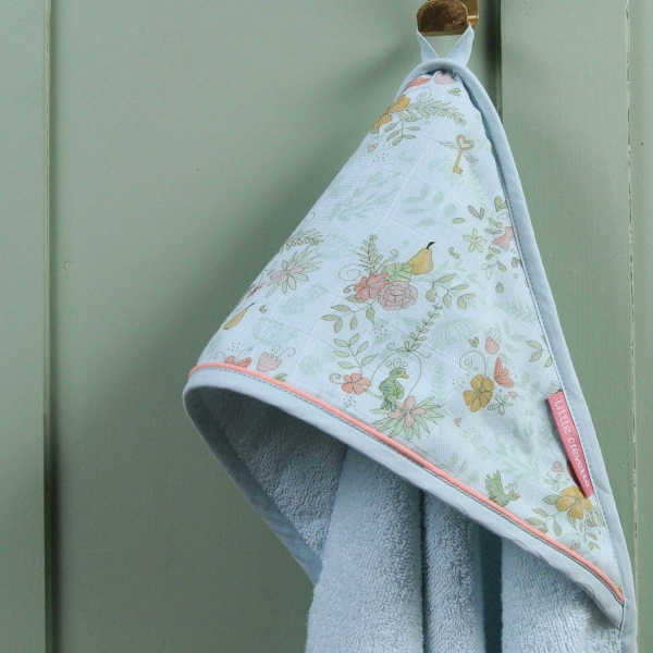 cape de bain fille bleu motif fleurs oiseaux en coton bio oekotex