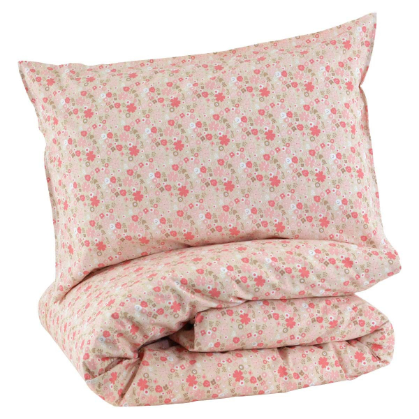 Parure de lit enfant rose fille gaze de coton 100x140 cm taie d'oreiller et housse de couette motif fleurs coton bio oekotex